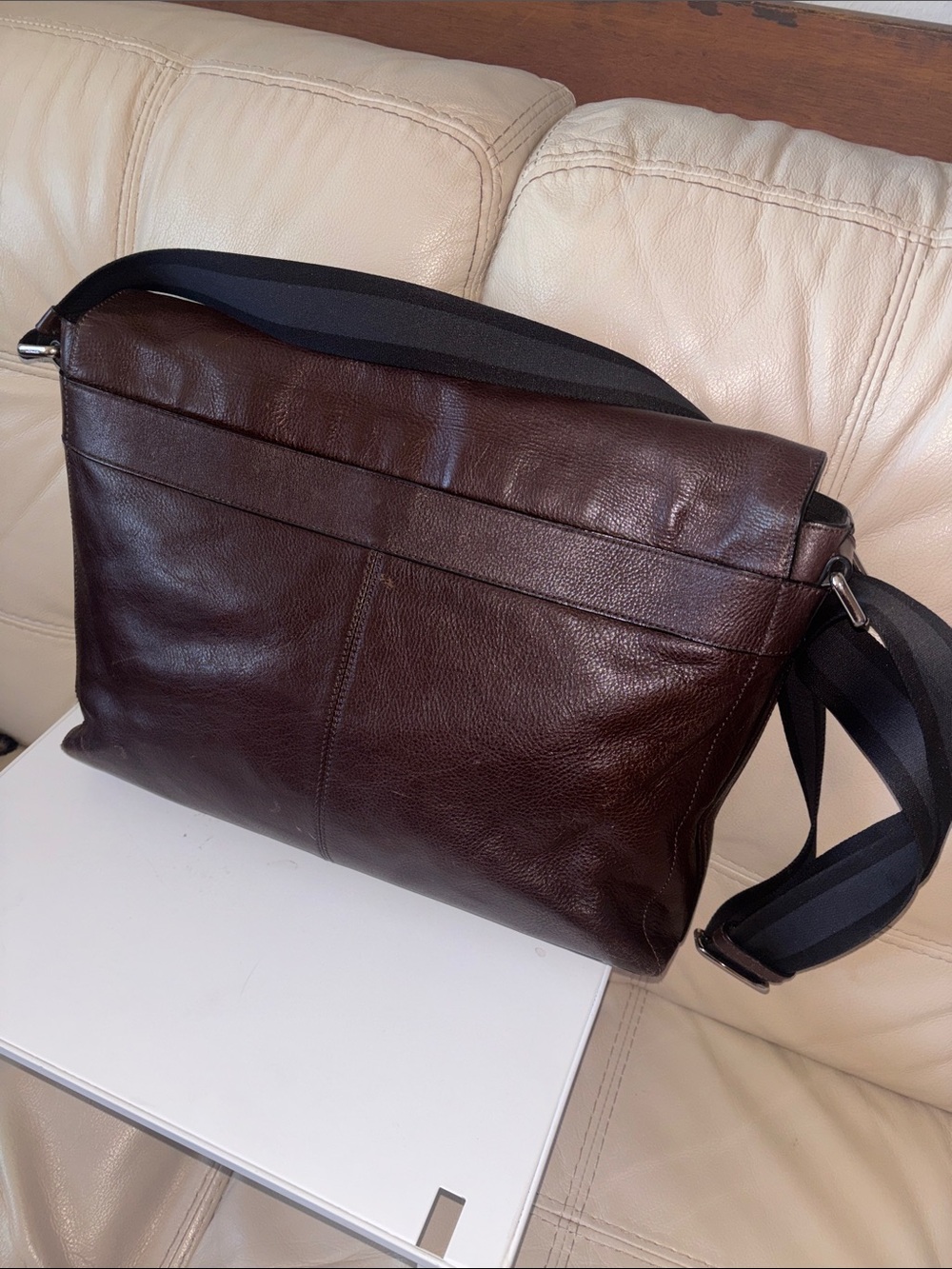 Coach Men's Brown Leather Messenger Bag with Stripe Strap - Picture 4 of 15